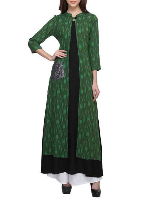 green & black rayon layered kurta - 12829499 - Very Small Image - 1