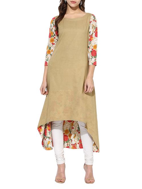 beige cotton high low kurta - 12835418 - Very Small Image - 1