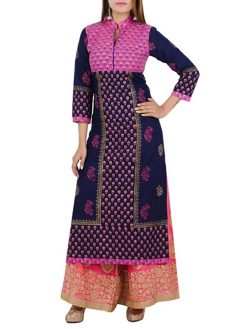 navy cotton straight kurta - 12838404 - Very Small Image - 1