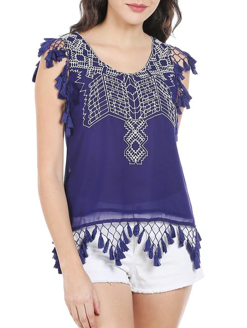 dark blue embroidered tassel trim top - 12841671 - Very Small Image - 1