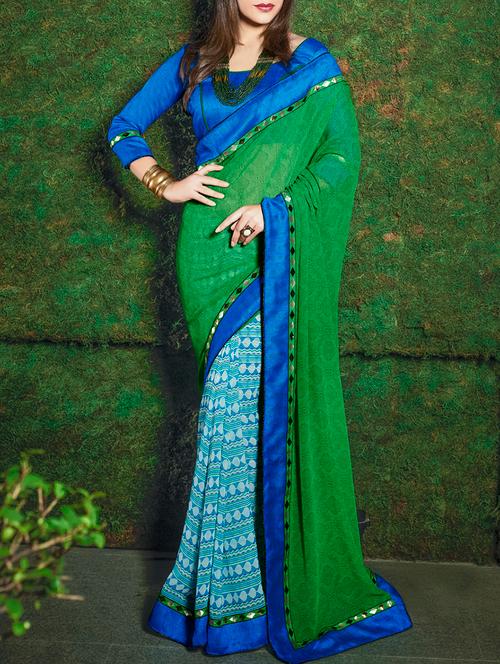 green  georgette printed half and half saree with blouse - 12844262 - Very Small Image - 1
