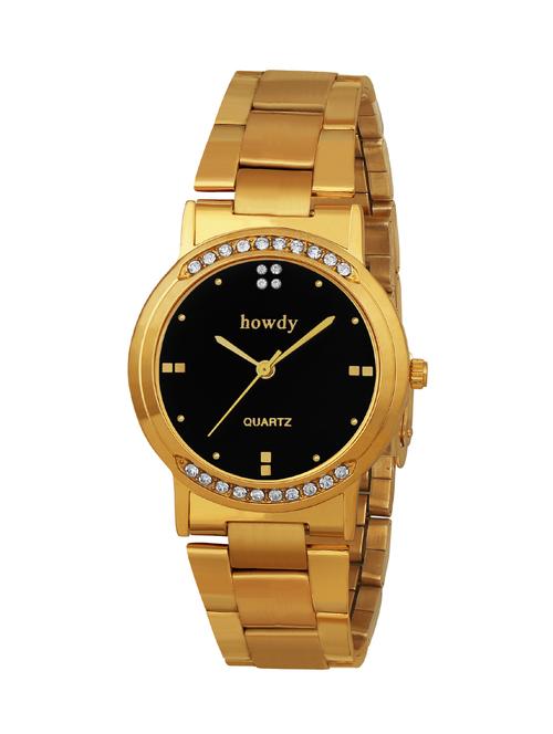 Howdy Crystal Studded Analog Black Dial With Golden Stainless Steel Strap Watch - 12853891 - Very Small Image - 1