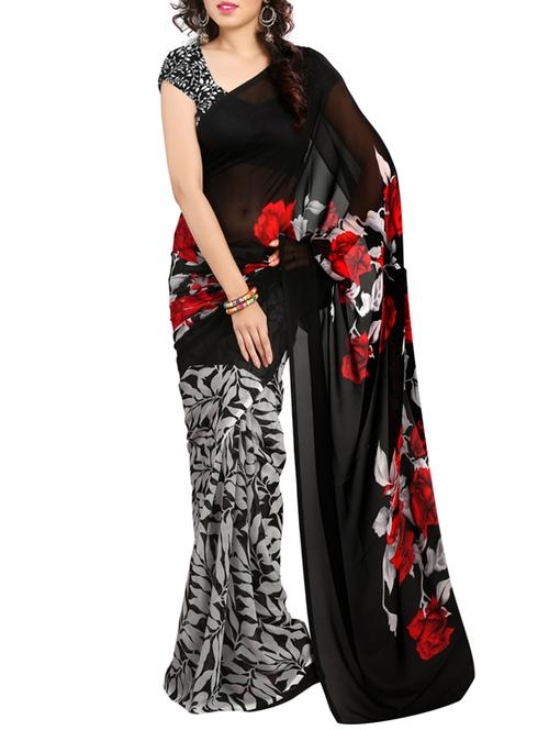 black georgette printed saree with blouse - 12858487 - Very Small Image - 1