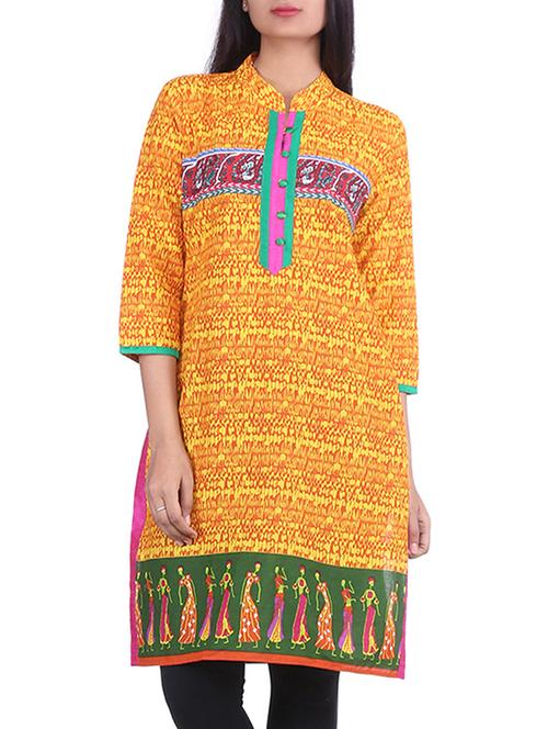 yellow printed quarter sleeved cotton kurta - 1286688 - Very Small Image - 1
