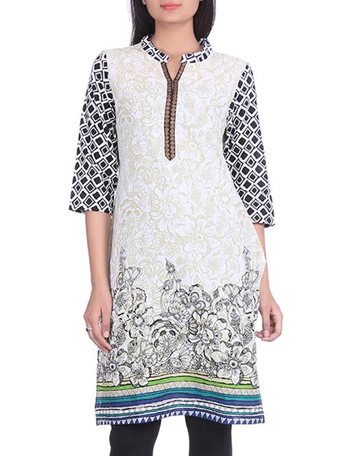 white printed quarter sleeved cotton kurta - 1286700 - Very Small Image - 1