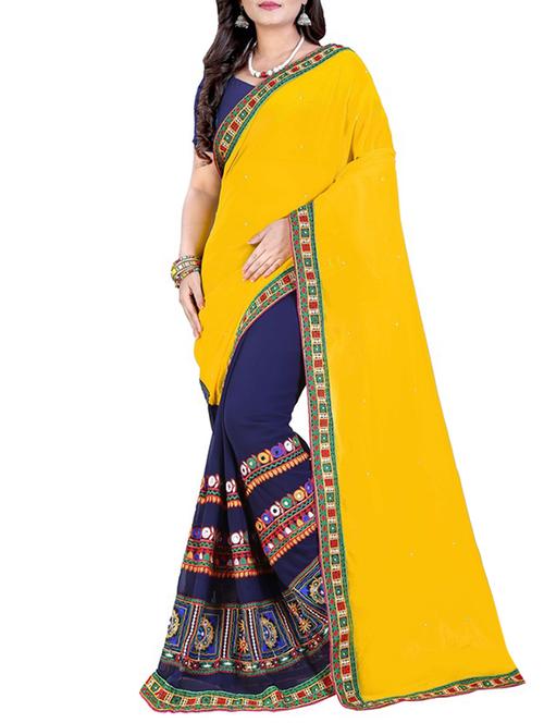 women's solid with work navy blue colored saree with blouse - 12867965 - Very Small Image - 1