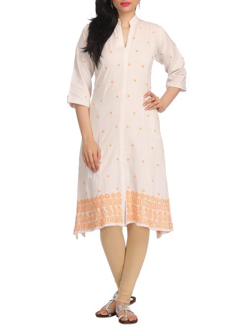 Cream chikankari embroidered cotton kurta - 12868020 - Very Small Image - 1