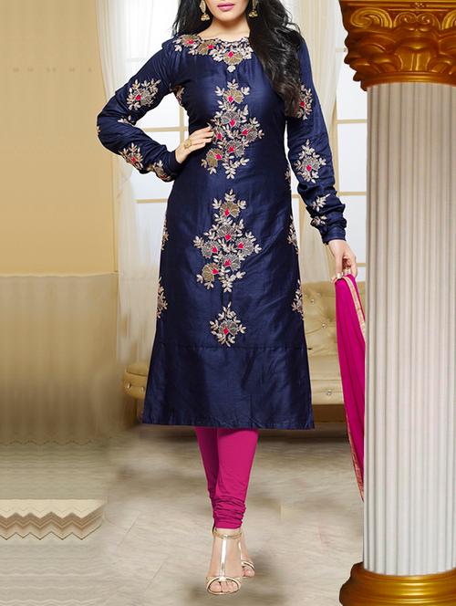 blue embroidered churidaar semi-stitched suit - 12878410 - Very Small Image - 1