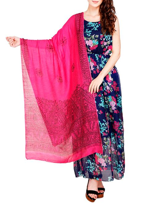 pink madhubani hand painted cotton stole - 12883721 - Very Small Image - 1