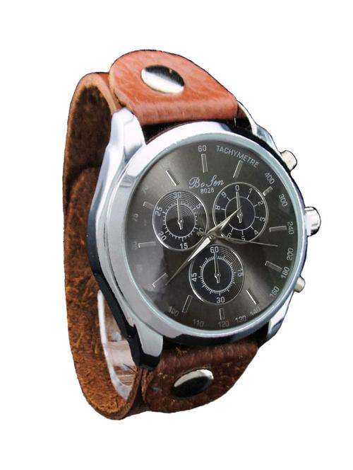 classic analog brown colour genuine leather strap watch - 12884483 - Very Small Image - 1