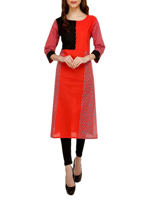 red cotton block printed straight kurta - 12887203 - Very Small Image - 1