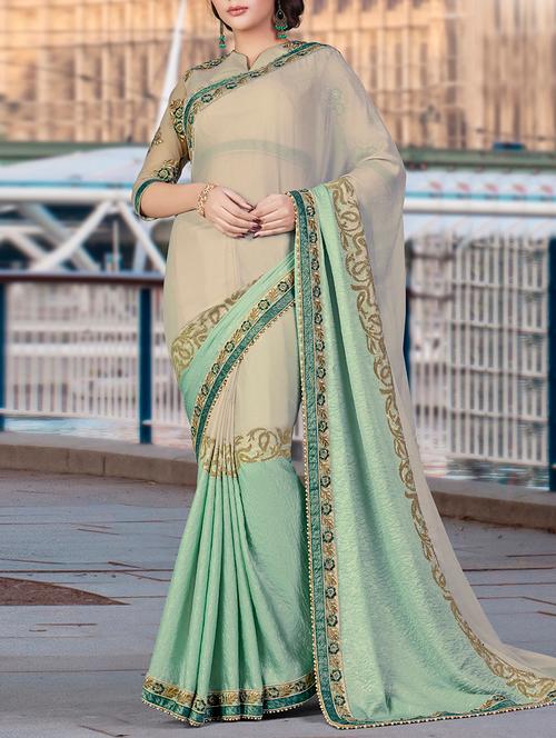 beige embroidered half and half saree with blouse - 12888812 - Very Small Image - 1