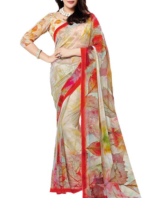 Contrast bordered printed saree with blouse - 12889706 - Very Small Image - 1