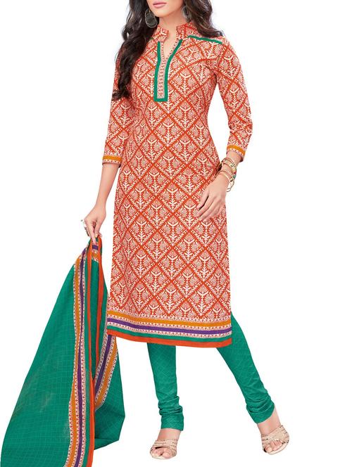 orange cotton churidaar suits unstitched suit - 12891936 - Very Small Image - 1
