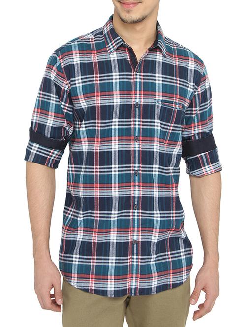 blue cotton checked casual shirt - 12894528 - Very Small Image - 1