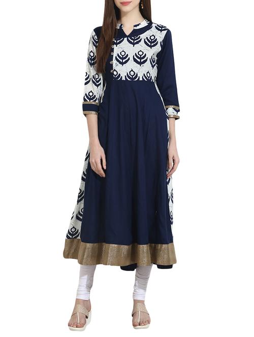blue cotton printed flared kurta - 12898101 - Very Small Image - 1