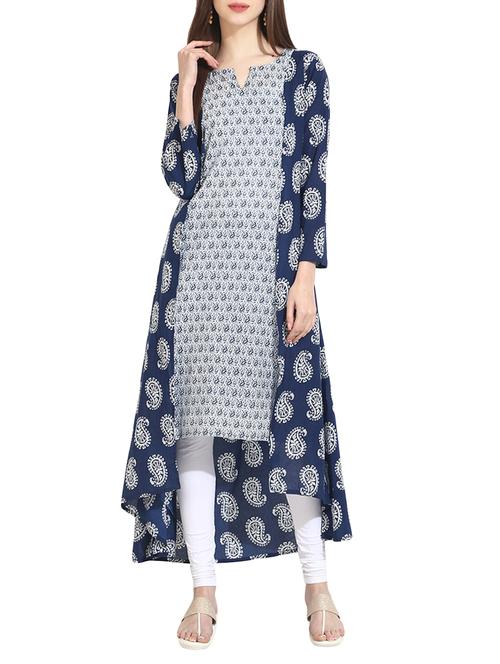 Indigo cotton printed high-low kurta - 12898105 - Very Small Image - 1