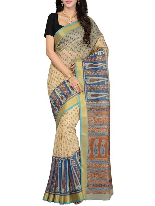 beige color cotton printed saree with blouse - 12900842 - Very Small Image - 1