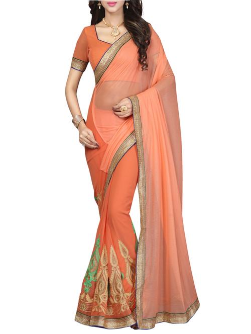 peach faux georgette and lycra half and half saree with blouse - 12900853 - Very Small Image - 1