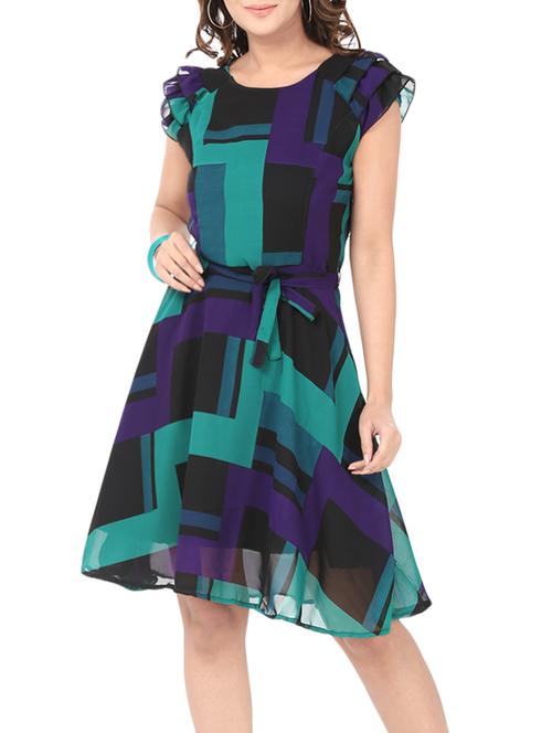 geometric front tie belted layered cap sleeves dress - 12906321 - Very Small Image - 1