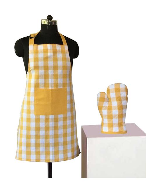 lushomes yarn dyed yellow checks aprons set (1 apron and 1 oven mitten) - 12906654 - Very Small Image - 1