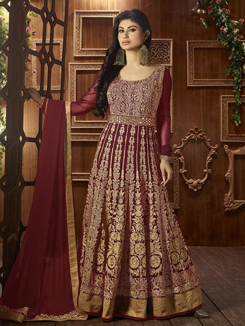 maroon georgette anarkali dress material - 12906764 - Very Small Image - 1