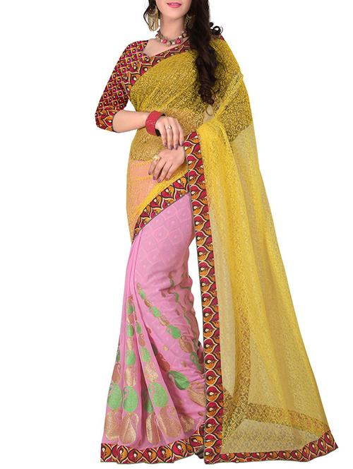 yellow & pink chiffon half and half saree with blouse - 12906771 - Very Small Image - 1