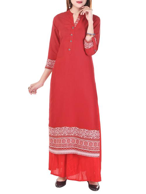 red cotton straight kurta - 12907425 - Very Small Image - 1