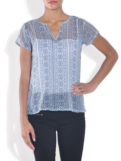 white and navy blue georgette printed top - 1290887 - Very Small Image - 1