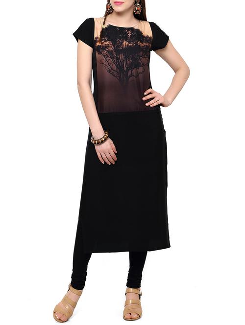 Black crepe printed long kurta - 12909808 - Very Small Image - 1
