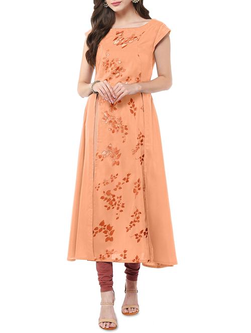 orange crepe printed high slit kurta - 12909816 - Very Small Image - 1