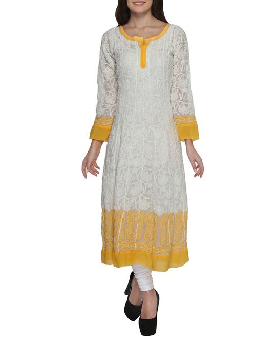 White chikankari embroidered faux georgette kurta - 12910096 - Very Small Image - 1