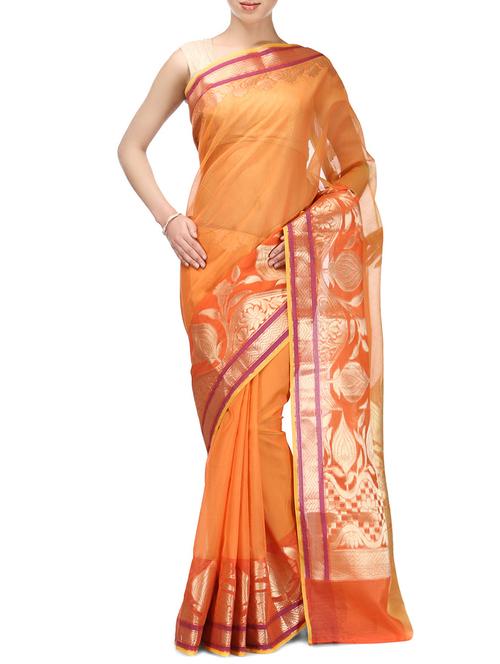 orange supernet bordered saree with blouse - 12910539 - Very Small Image - 1