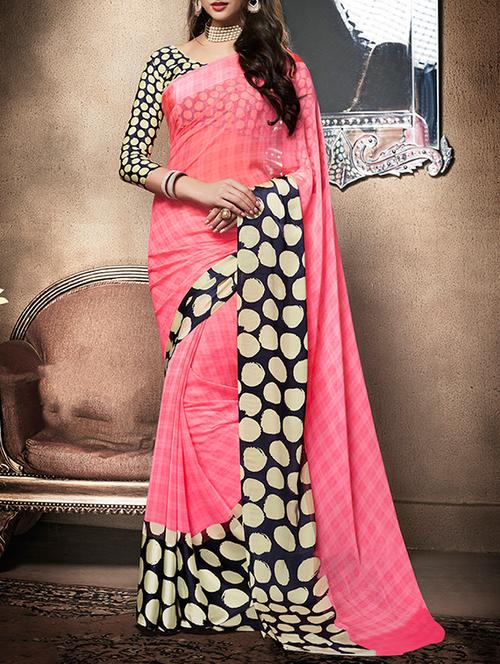 pink georgette printed saree with blouse - 12910692 - Very Small Image - 1
