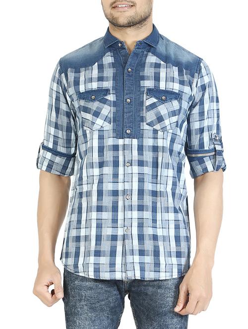 blue cotton checked casual shirt - 12910739 - Very Small Image - 1