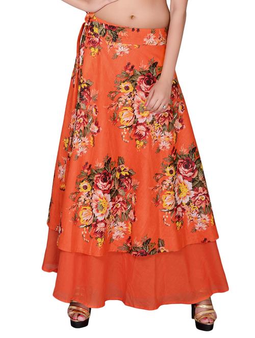orange floral printed cotton wrap skirt - 12911764 - Very Small Image - 1