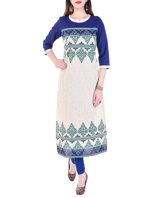 Beige and blue cotton straight kurta - 12912449 - Very Small Image - 1