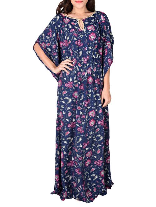 navy blue floral printed viscose kaftan - 12920233 - Very Small Image - 1