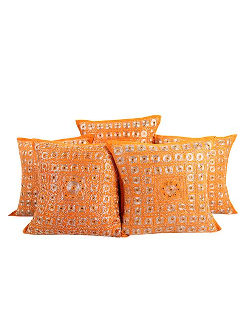 rajrang embroidered with mirror work cotton (16 x 16) set of 5 cushion cover - 12922515 - Very Small Image - 1