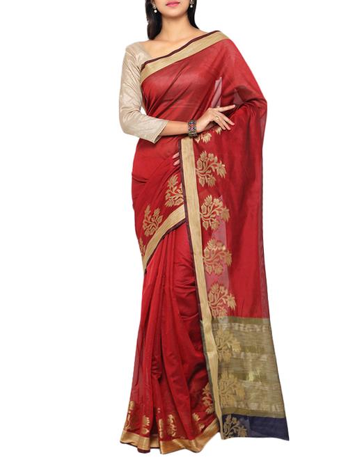 floral zari border woven saree with blouse - 12930860 - Very Small Image - 1
