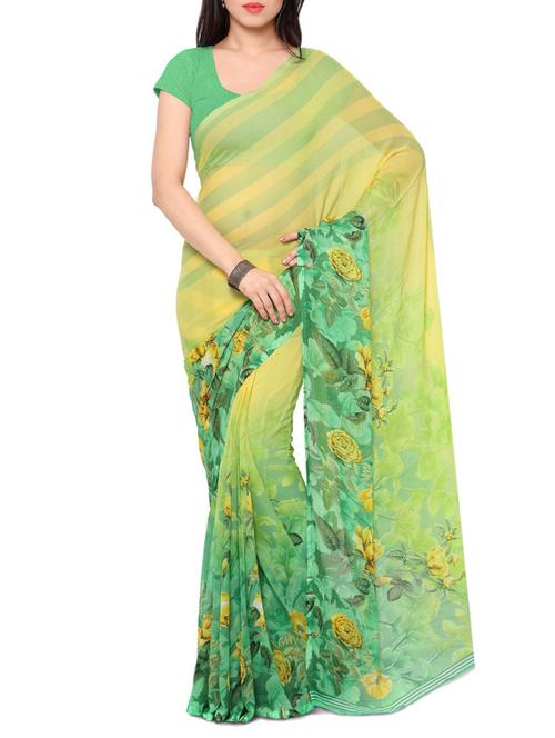 yellow chiffon printed saree with blouse - 12931007 - Very Small Image - 1
