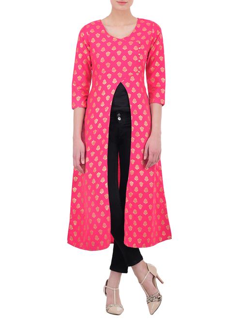 pink silk high slit kurta - 12931270 - Very Small Image - 1