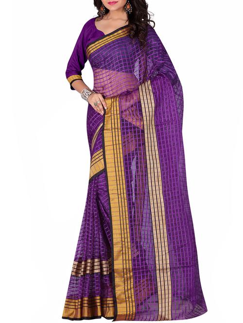 purple cotton kota doria saree with blouse - 12934028 - Very Small Image - 1