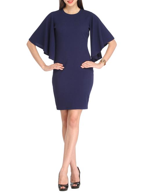 solid navy blue dress with flared sleeves - 12943031 - Very Small Image - 1