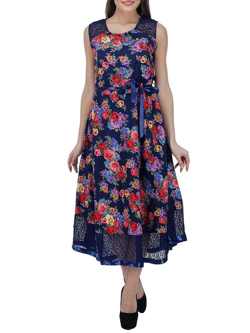 navy blue floral printed georgette fit & flare dress - 12944854 - Very Small Image - 1