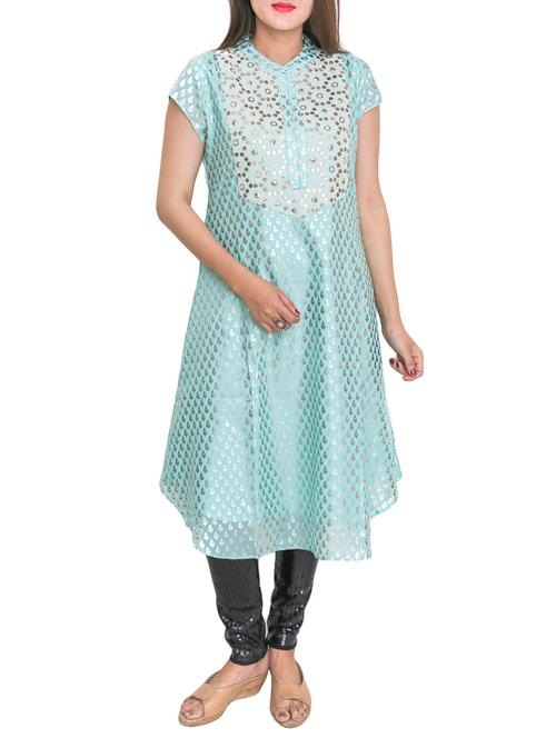 blue silk aline kurta - 12947495 - Very Small Image - 1