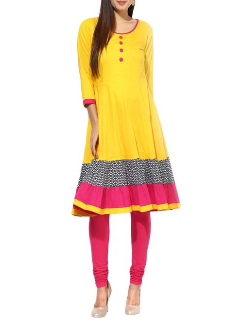 yellow cotton tiered  kurta - 12948514 - Very Small Image - 1