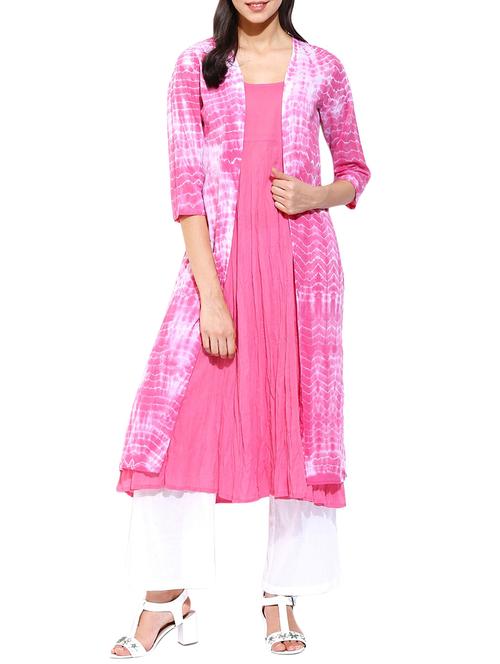 pink cotton flared kurta - 12949116 - Very Small Image - 1