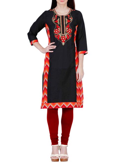 black cotton embroidered straight kurta - 12950160 - Very Small Image - 1