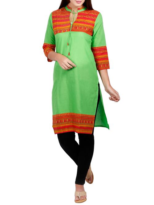 green cotton printed straight kurta - 12950163 - Very Small Image - 1